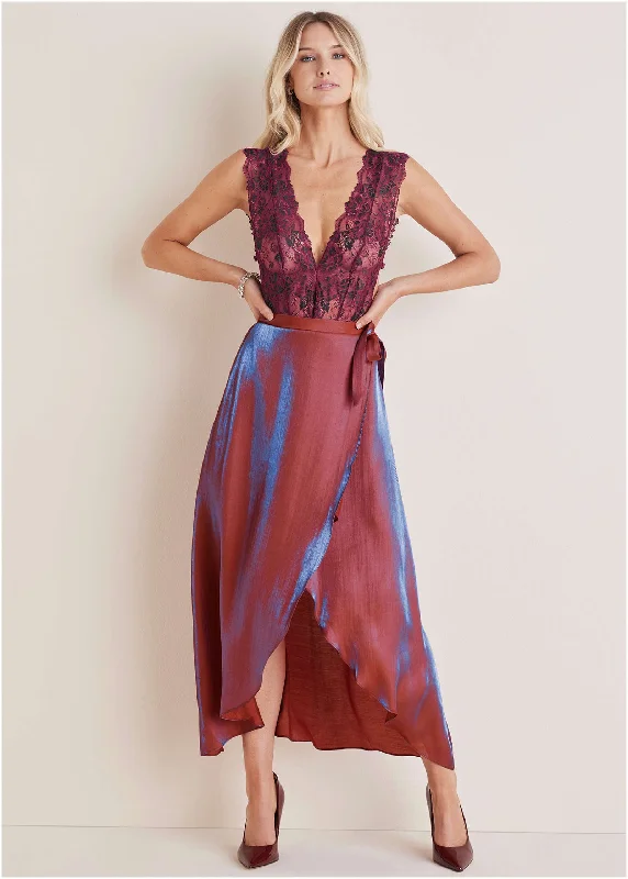 Lamé Wrap Maxi Skirt - Burgundy Lame