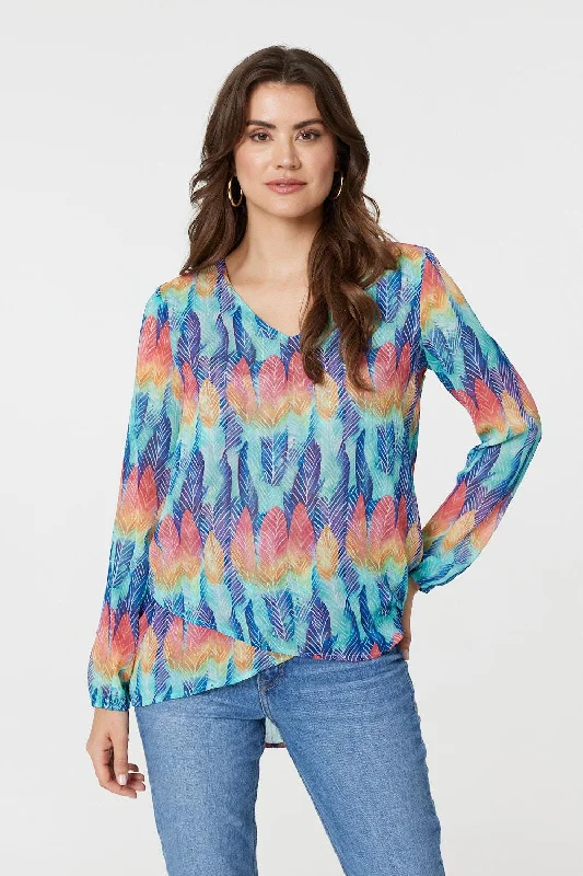 Leaf Print Long Sleeve Layered Hem Top