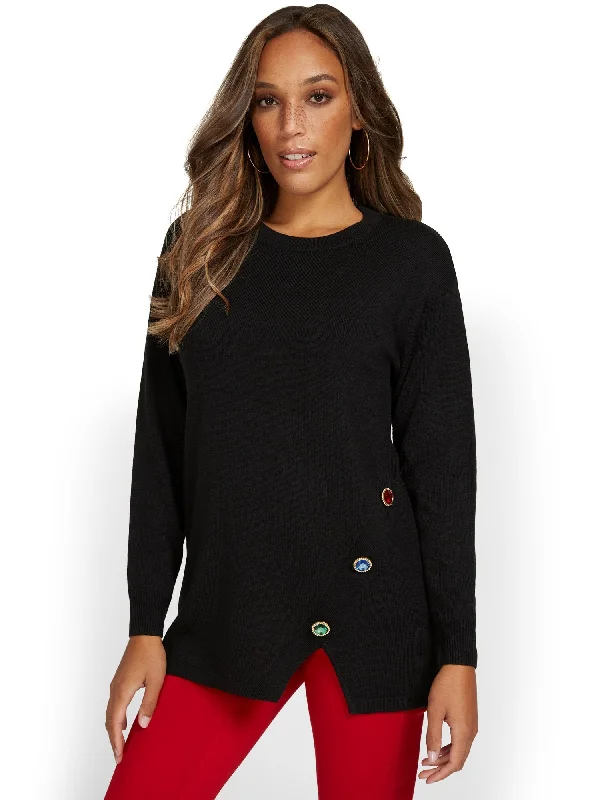 Asymmetric Jewel-Embellished Tunic Sweater