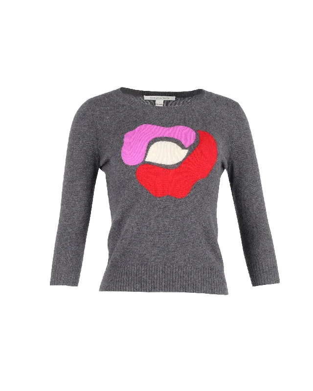 Diane Von Furstenberg Floral Intarsia Sweater in Grey Cashmere