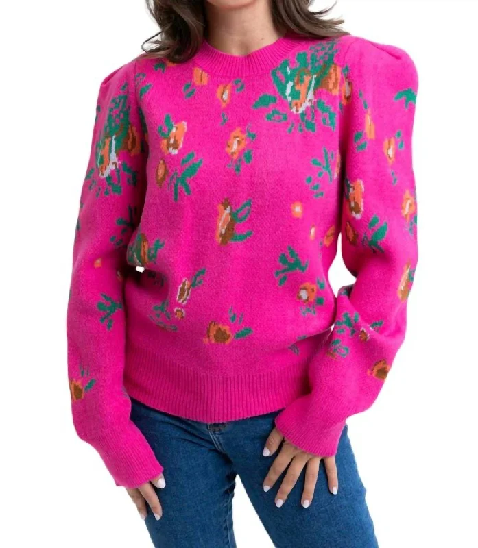 Floral Puff Sleeve Sweater In Pink