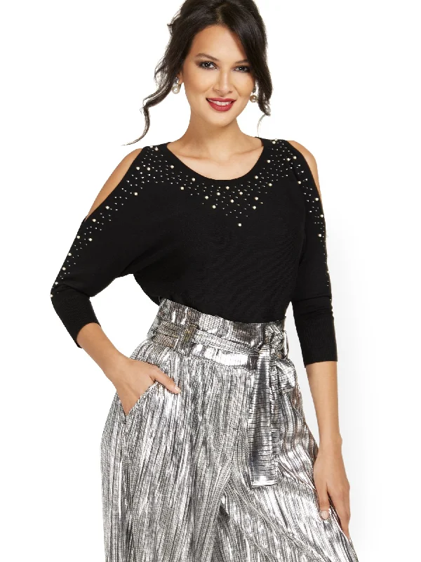 Jeweled Cold-Shoulder Tunic Sweater