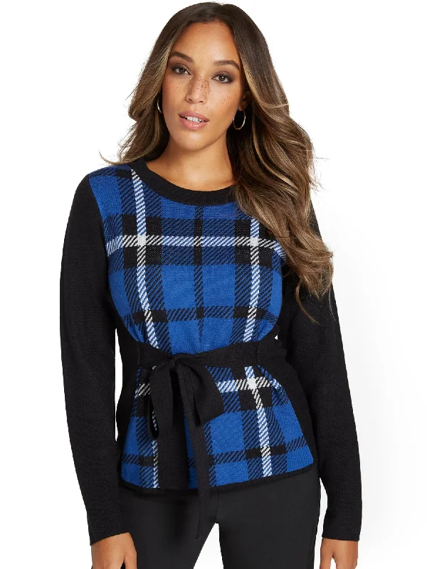 Plaid Tie-Waist Sweater