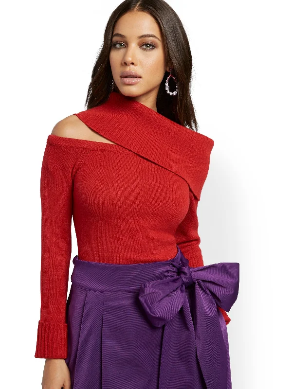 Red One-Shoulder Cowl-Neck Sweater