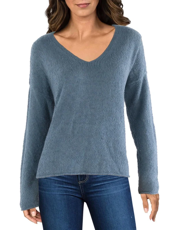 Womens Boucle Rolled Hem V-Neck Sweater