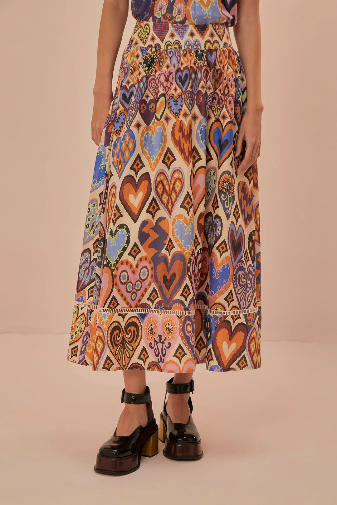 Hearts Ikat Cream Midi Skirt