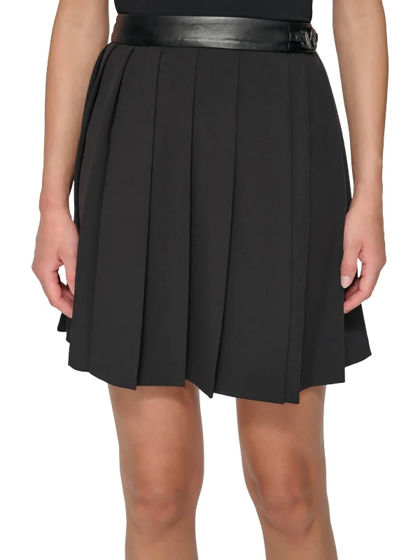 Womens Faux Leather Trim Knit Pleated Skirt