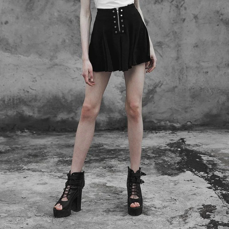 Women's Goth Zip Up Mini Pleated Skirt