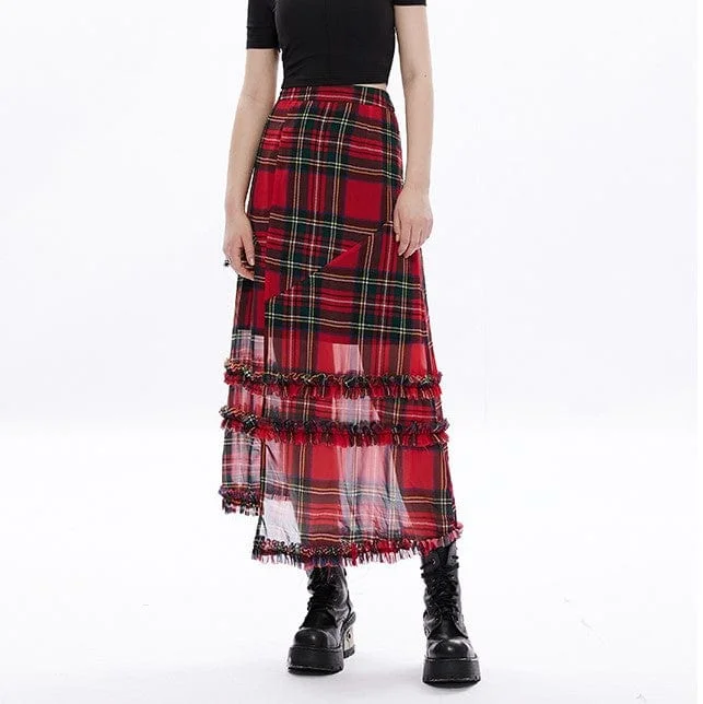 Women's Grunge Ruffles Red Plaid Irregular Hem Skirt