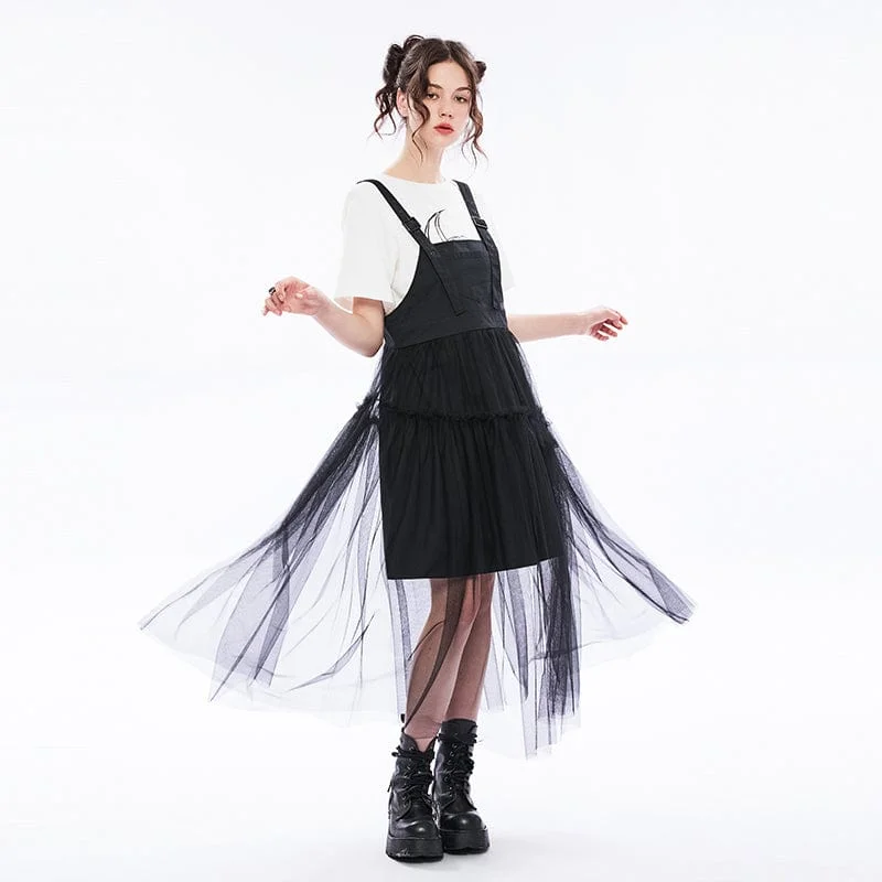 Women's Punk Mesh Splice Suspender Skirt