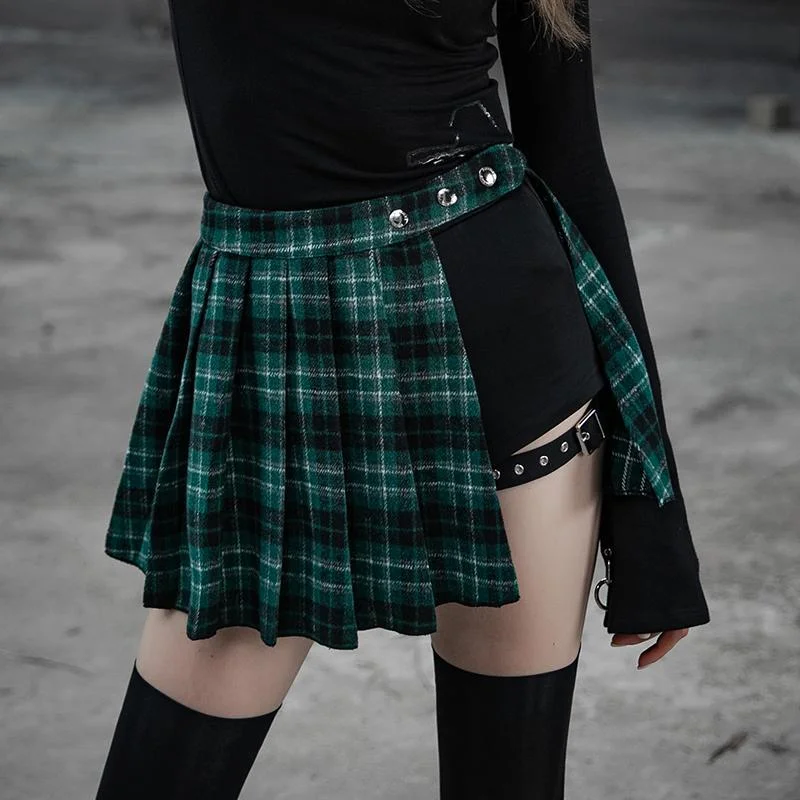 Women's Punk Two-Piece Irregular A-Line Plaid Pleated Skirts