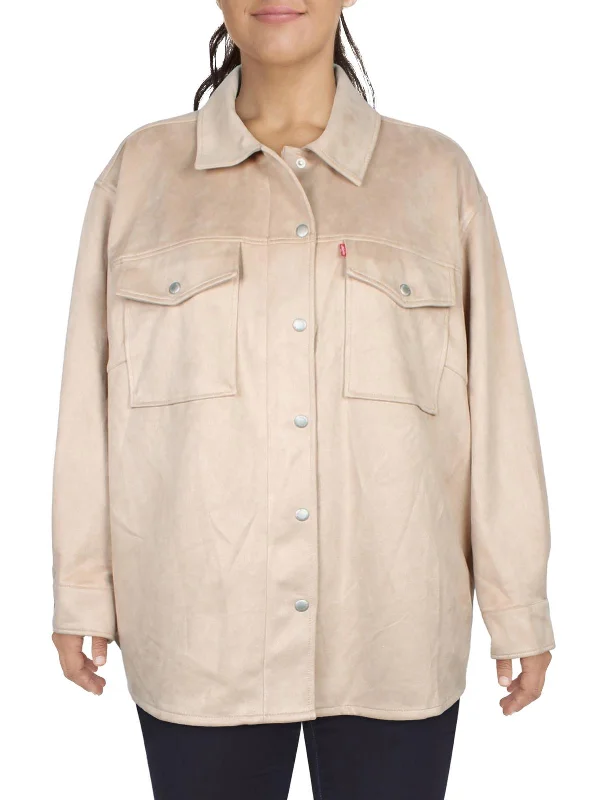 Plus Womens Faux Suede Collared Shirt Jacket