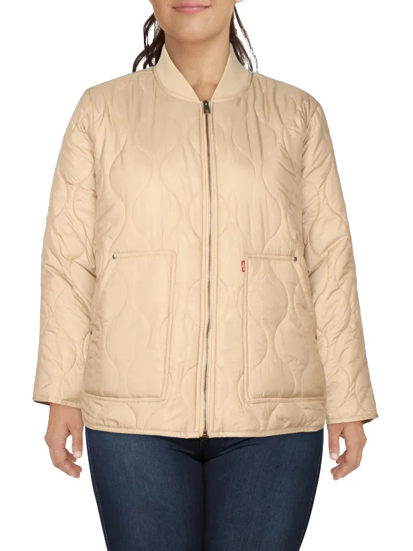 Plus Womens Ribbed Trim Long Sleeves Quilted Coat