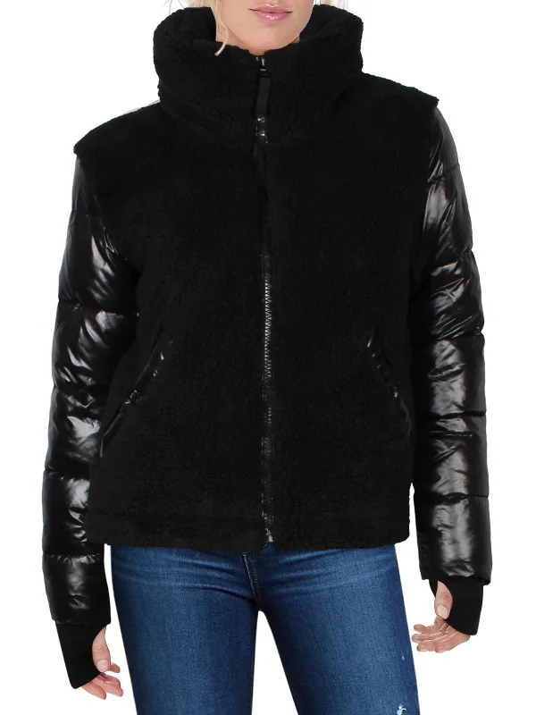 Westside Womens Quilted Mixed Media Faux Fur Coat