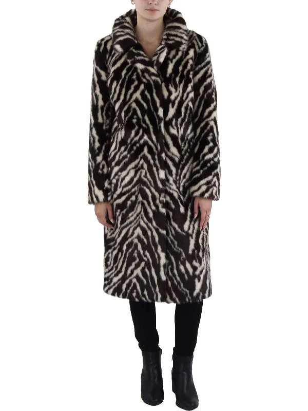 Womens Animal Print Midi Faux Fur Coat