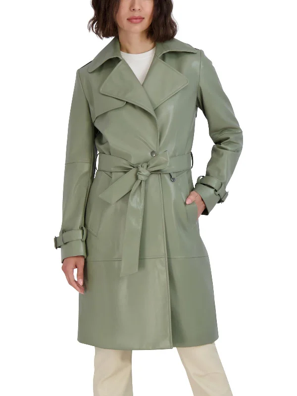 Womens Faux Leather Cold Weather Trench Coat