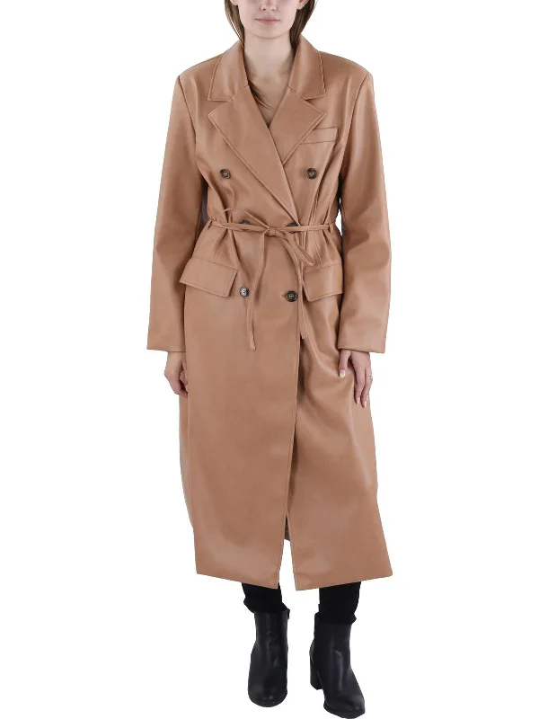 Womens Faux Leather Double-Breasted Long Coat