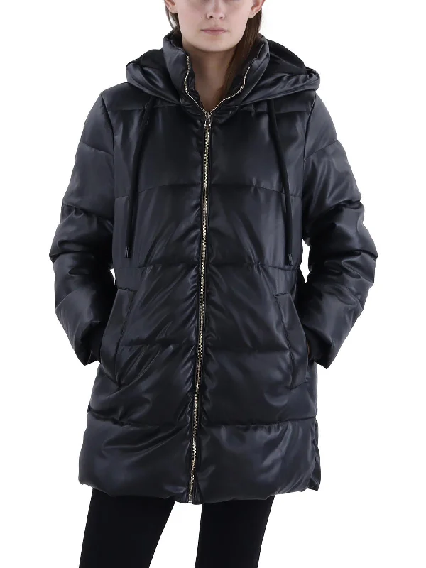 Womens Faux Leather Short Puffer Jacket