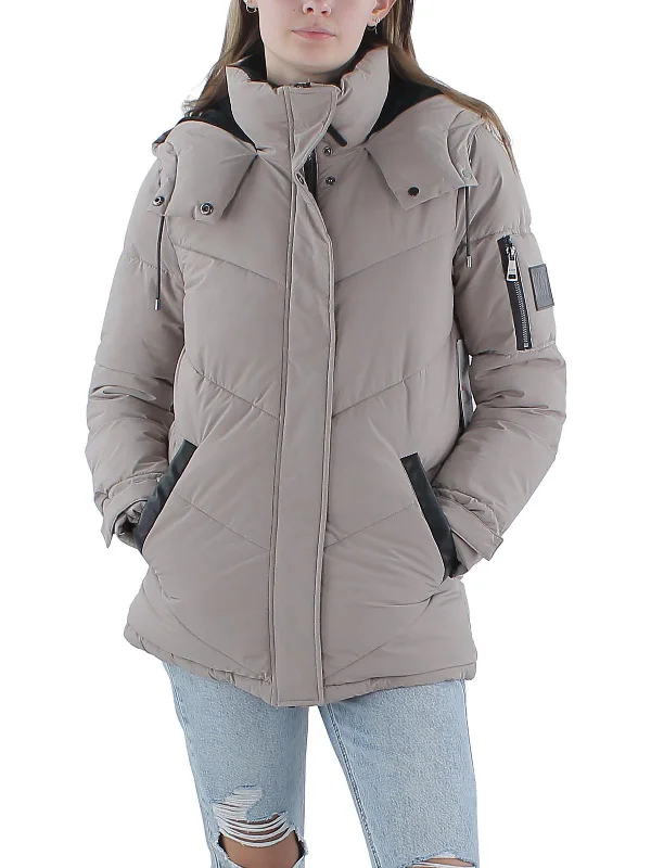 Womens Faux Leather Trim Heavy Puffer Jacket