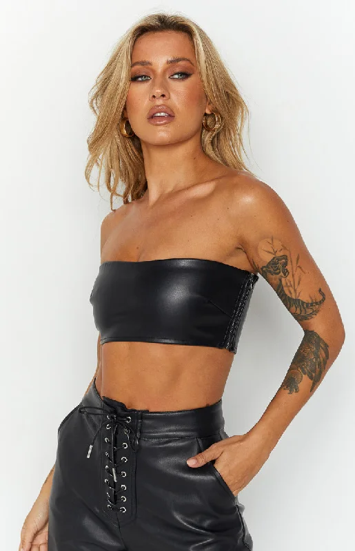 Nation Black PU Strapless Crop Top