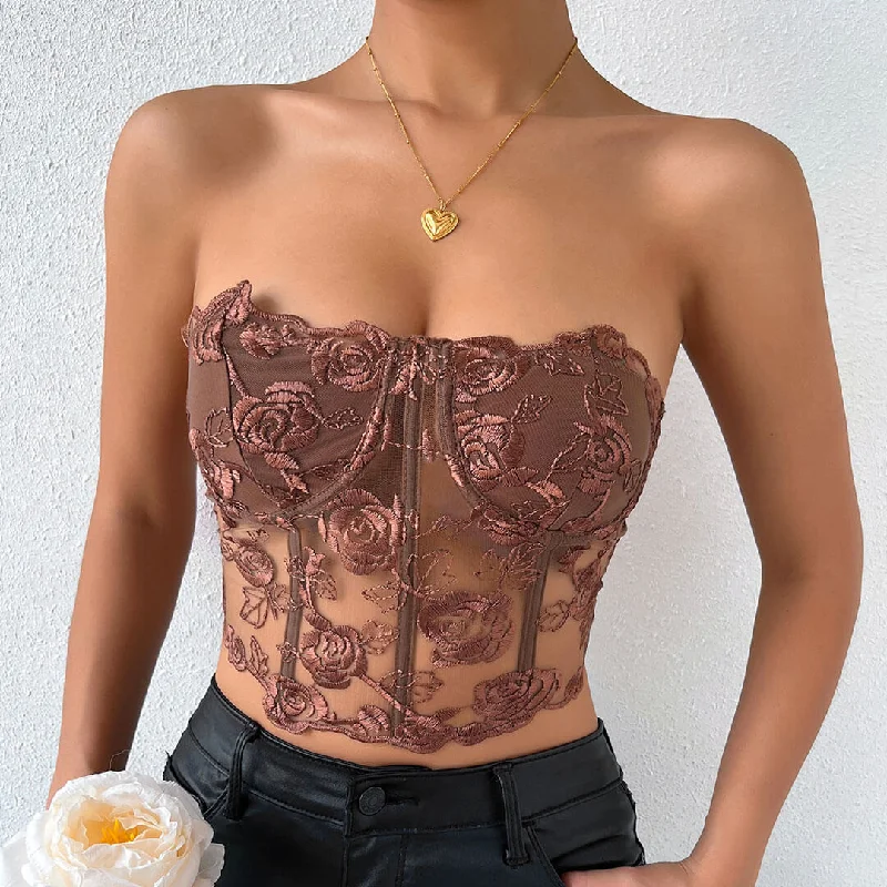 Tulle Crop Corset Tube Top - Brown