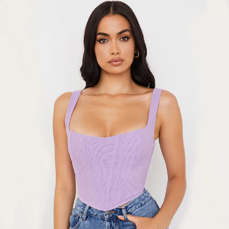 Trendy Suspender Strap Square Neck Crop Corset Top - Purple