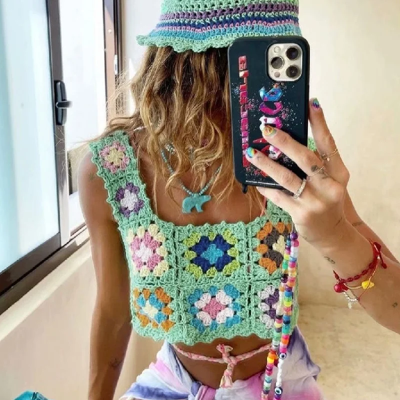 Vibrant Floral Pullover Square Neck Crochet Knit Tank Top - Mint