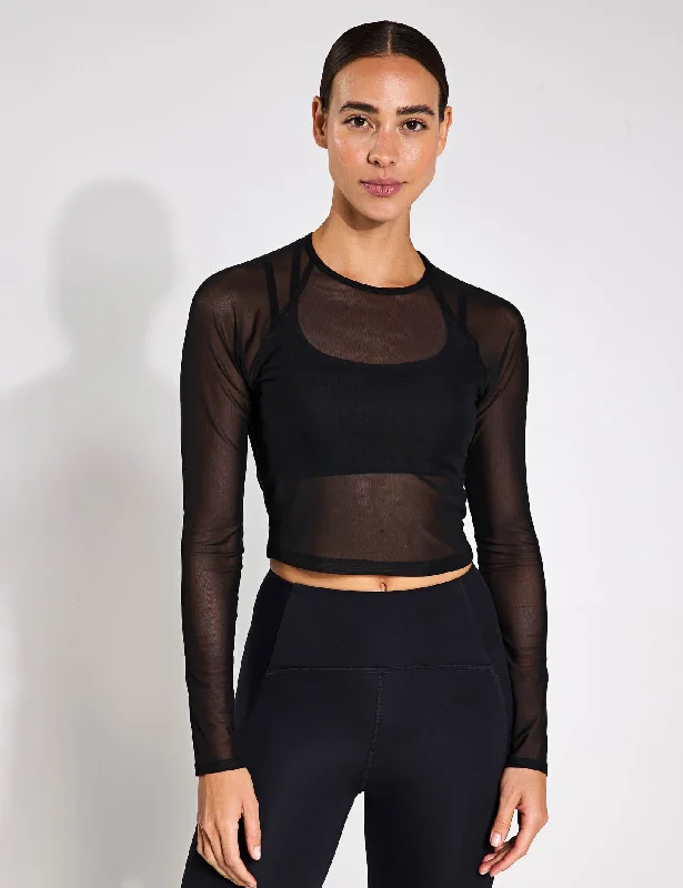 Show Off Mesh Long Sleeve Cropped Top - Black