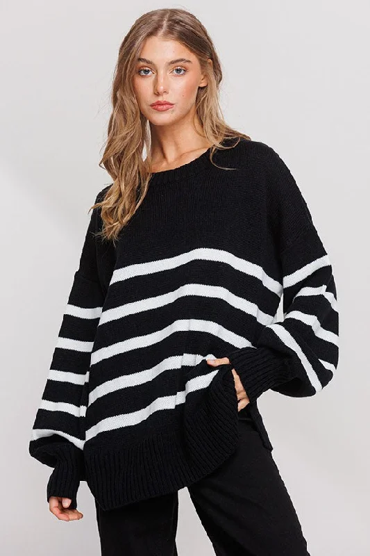 Black Striped Oversized Side Slit Sweater