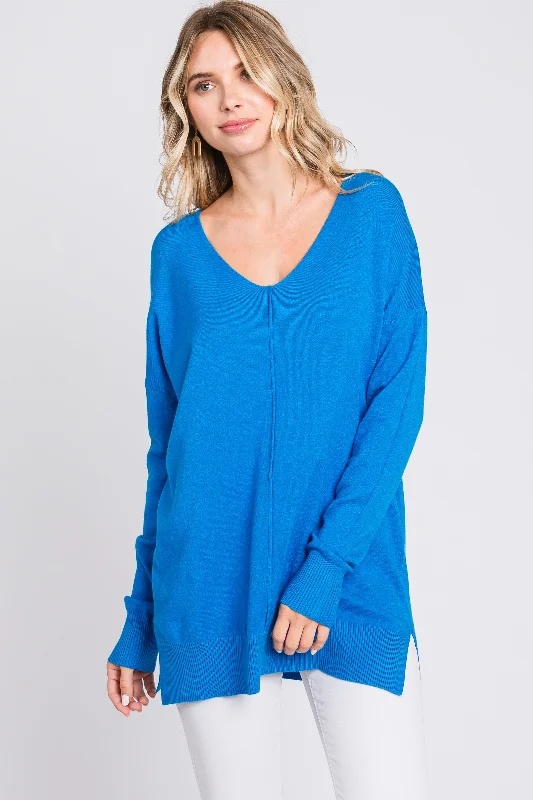 Blue Long Sleeve Side Slit Sweater