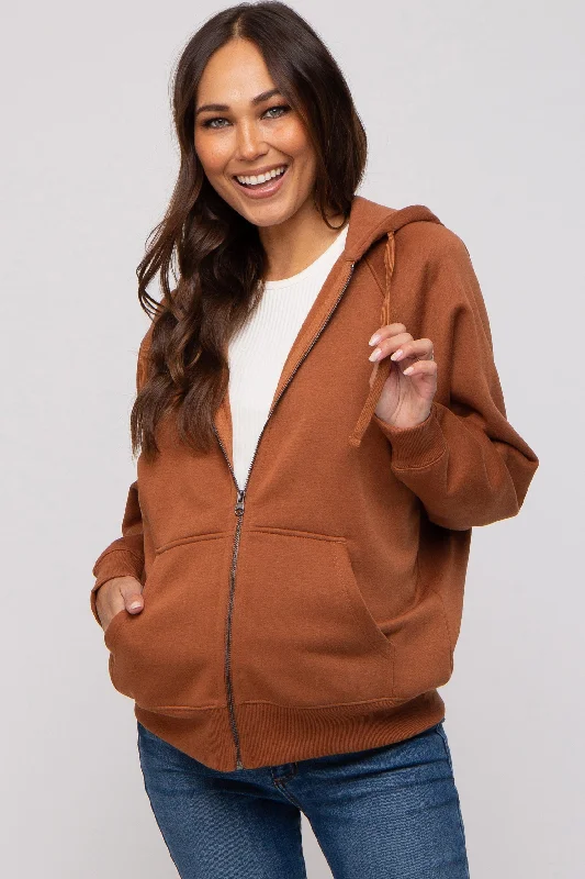 Camel Front Zipper Hooded Maternity Sweater