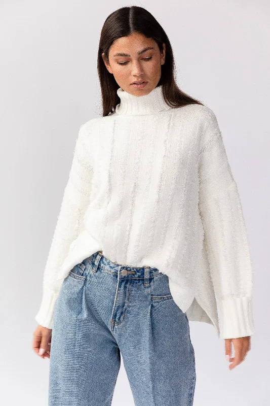 Cream Textured Knit Turtleneck Sweater