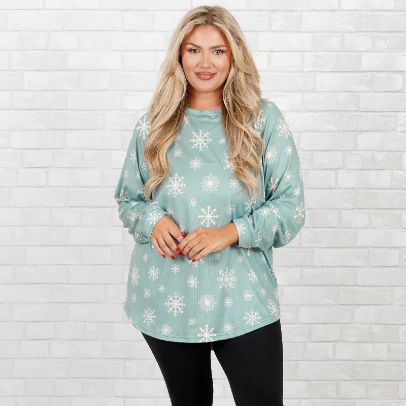 Curved Hem Slouchy Dolman Tunic, Festive Mint Snowflake