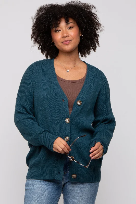 Dark Teal Basic Ribbed Cardigan Sweater