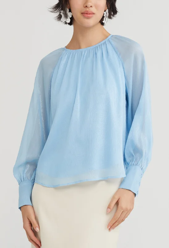 Gathered Round Neck Cuff Sleeve Blouse