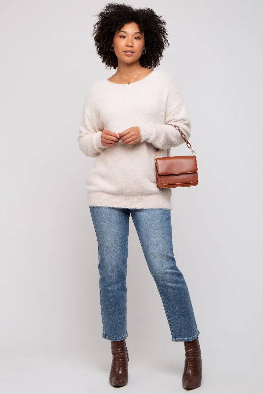 Ivory Fuzzy Knit Boat Neck Sweater