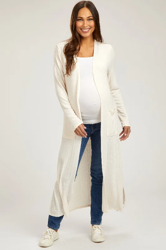 Ivory Rib Knit Long Maternity Cardigan