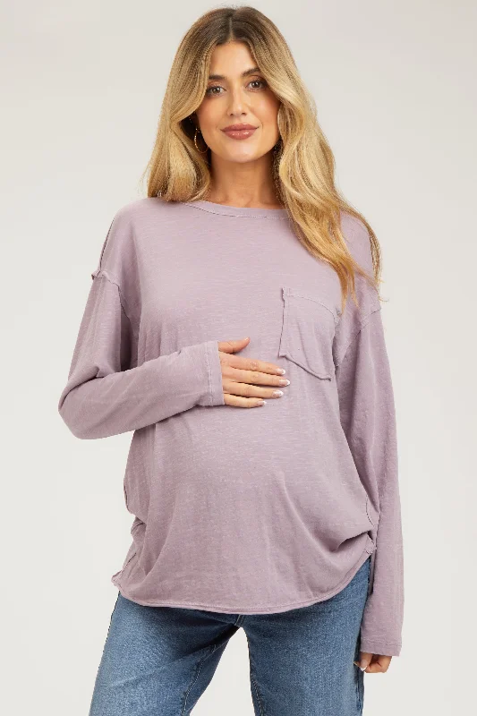 Mauve Mineral Wash Front Pocket Long Sleeve Maternity Top