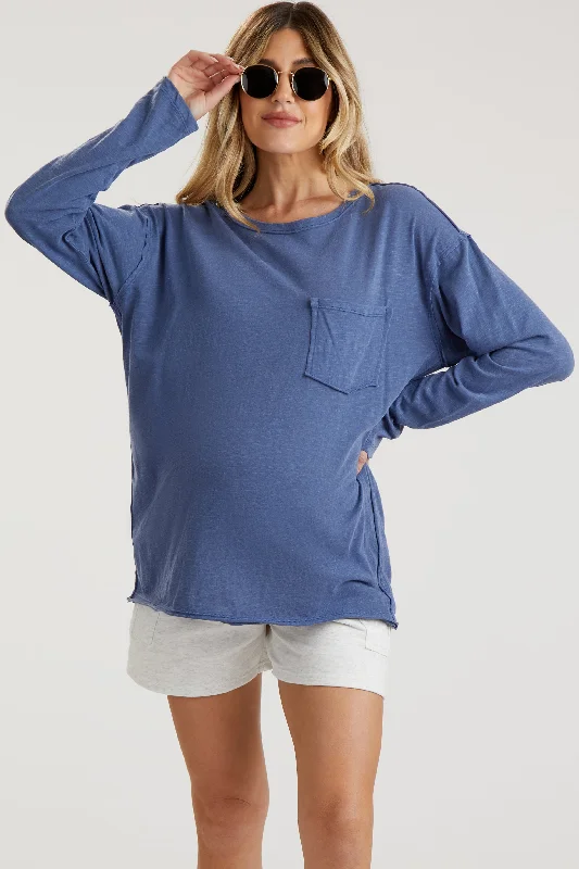 Navy Blue Mineral Wash Front Pocket Long Sleeve Maternity Top