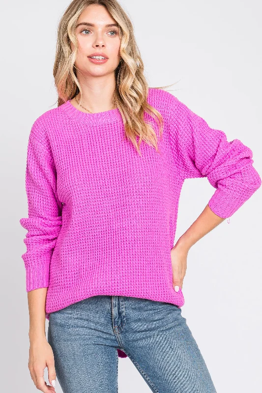 Pink Waffle Knit Round Hem Sweater