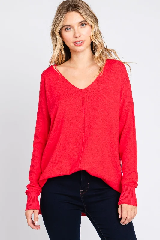 Red Long Sleeve Side Slit Sweater