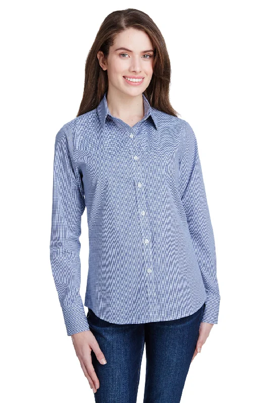 Artisan Collection Womens Microcheck Gingham Long Sleeve Button Down Shirt - Navy Blue/White