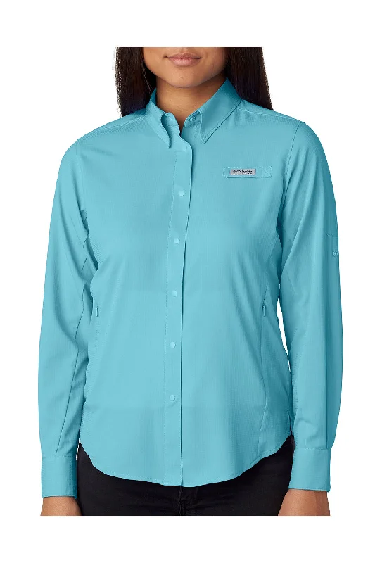 Columbia Womens Tamiami II Moisture Wicking Long Sleeve Button Down Shirt w/ Double Pockets - Clear Blue