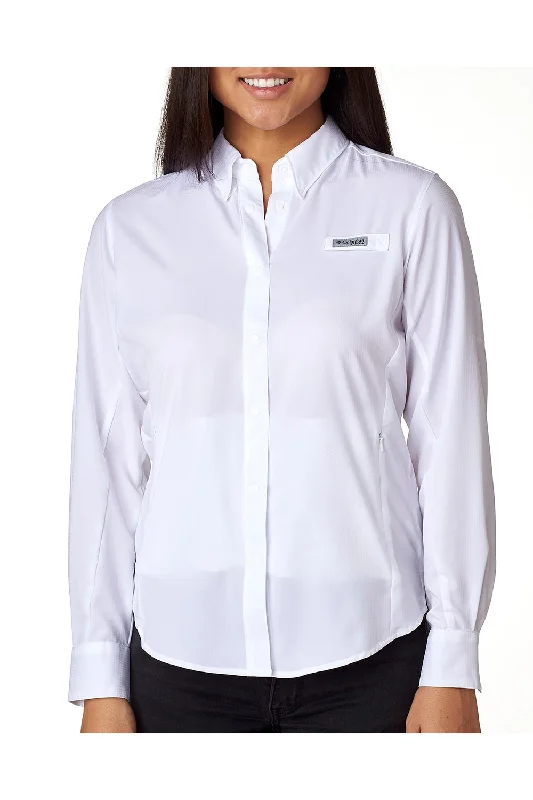 Columbia Womens Tamiami II Moisture Wicking Long Sleeve Button Down Shirt w/ Double Pockets - White