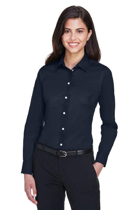 Devon & Jones Womens Crown Woven Collection Wrinkle Resistant Long Sleeve Button Down Shirt - Navy Blue