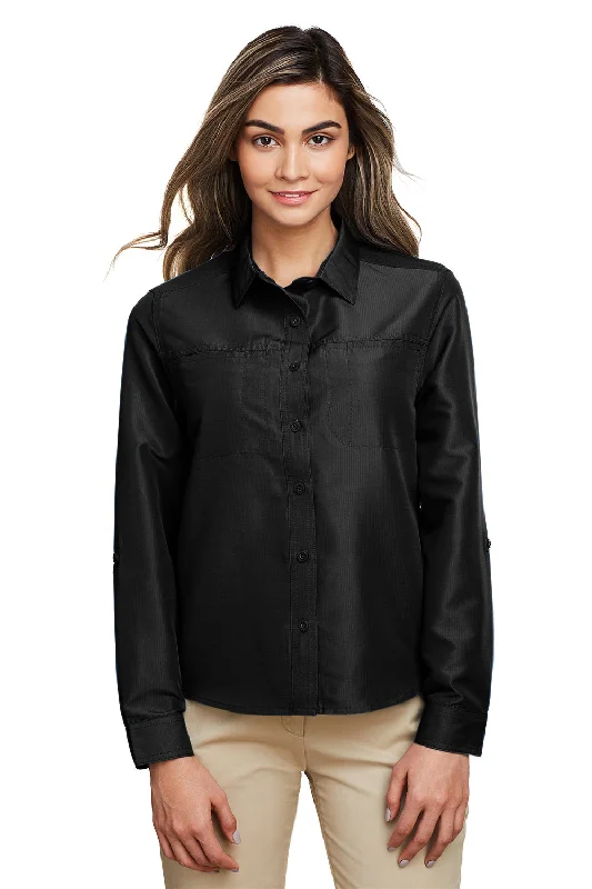 Harriton Womens Key West Performance Moisture Wicking Long Sleeve Button Down Shirt w/ Pocket - Black