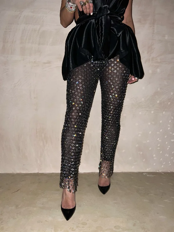 Flower Diamante Rhinestone Leggings In Mesh