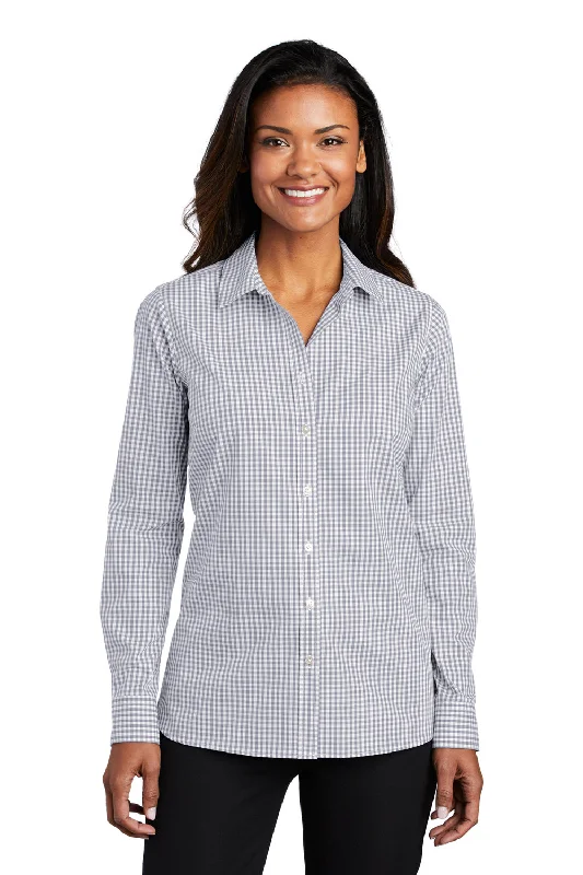 Port Authority Womens Broadcloth Gingham Wrinkle Resistant Long Sleeve Button Down Shirt - Gusty Grey/White