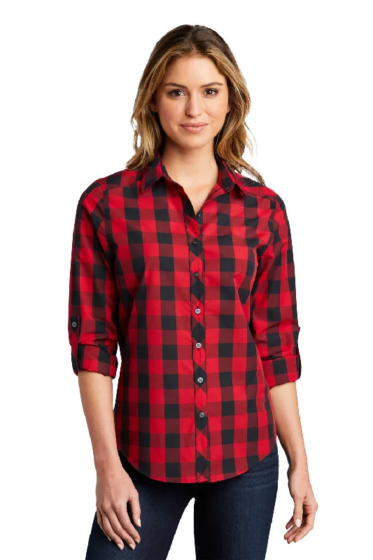 Port Authority Womens Everyday Plaid Long Sleeve Button Down Shirt - Rich Red