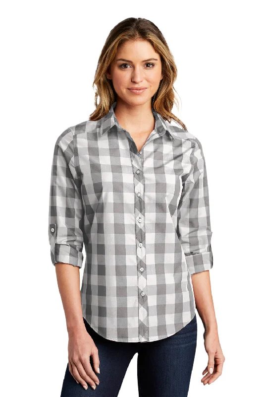 Port Authority Womens Everyday Plaid Long Sleeve Button Down Shirt - Shadow Grey